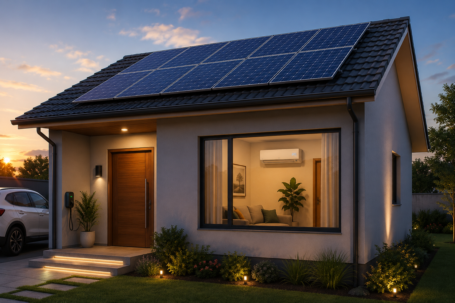 Casa com painéis solares e ar condicionado instalado pela Solarefri